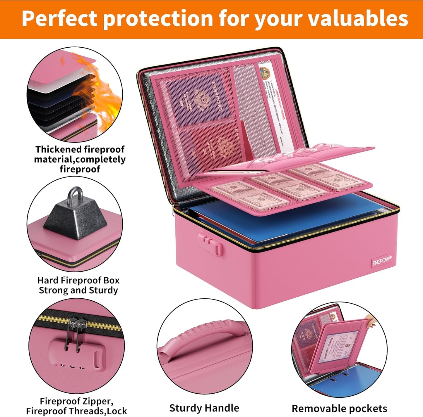 ENGPOW Fireproof Document Box, Hard Fireproof Box with Fireproof Zipper&Lock, 6400°F Heat Insulated Fireproof Water Resistant File Organizer Storage Box Safe for Important Documents,Valuable,Pink