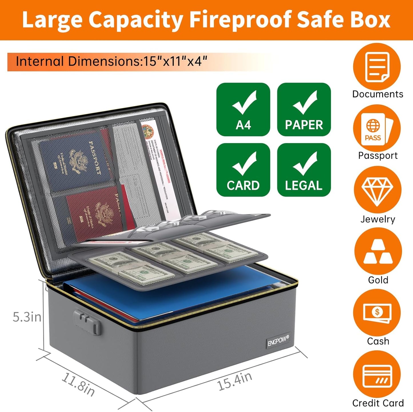 ENGPOW Fireproof Document Box, Hard Fireproof Box with Fireproof Zipper&Lock, 6400°F Heat Insulated Fireproof Water Resistant File Organizer Storage Box Safe for Important Documents,Valuable,Gray