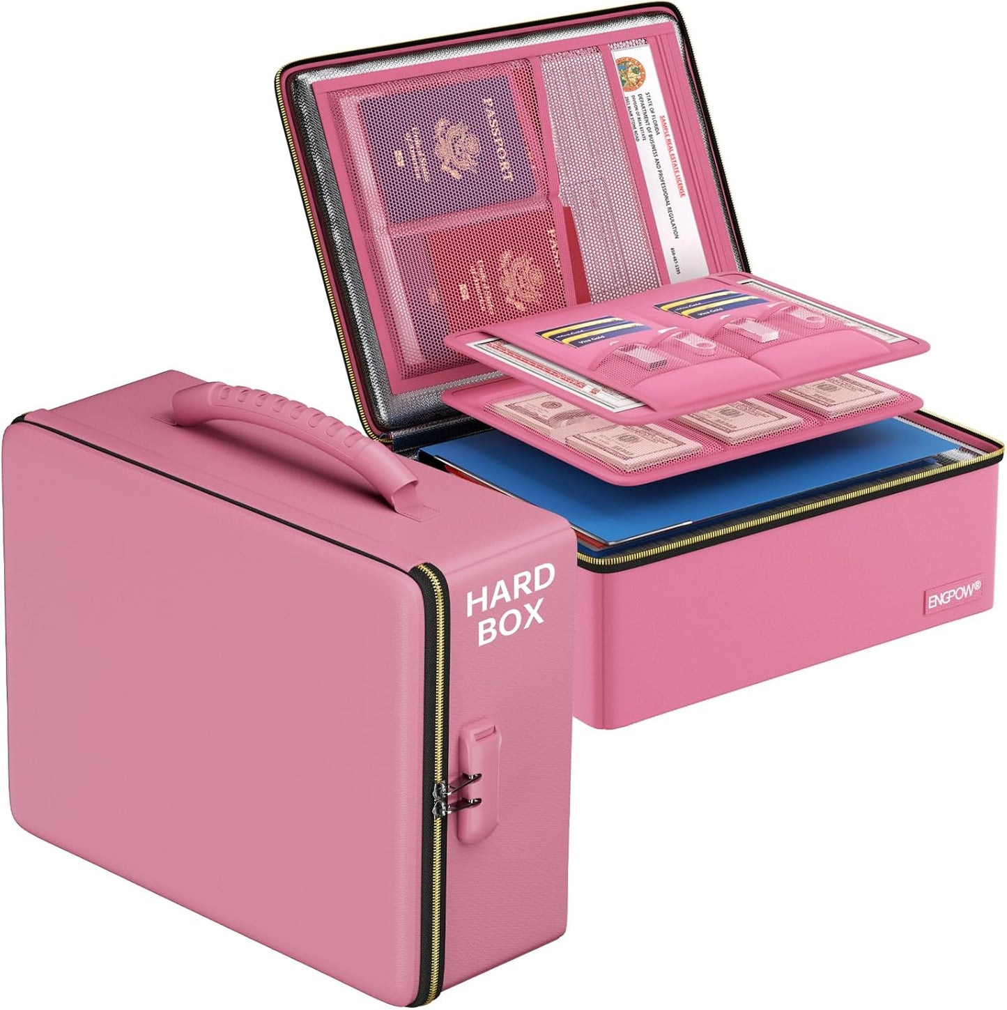 ENGPOW Fireproof Document Box, Hard Fireproof Box with Fireproof Zipper&Lock, 6400°F Heat Insulated Fireproof Water Resistant File Organizer Storage Box Safe for Important Documents,Valuable,Pink