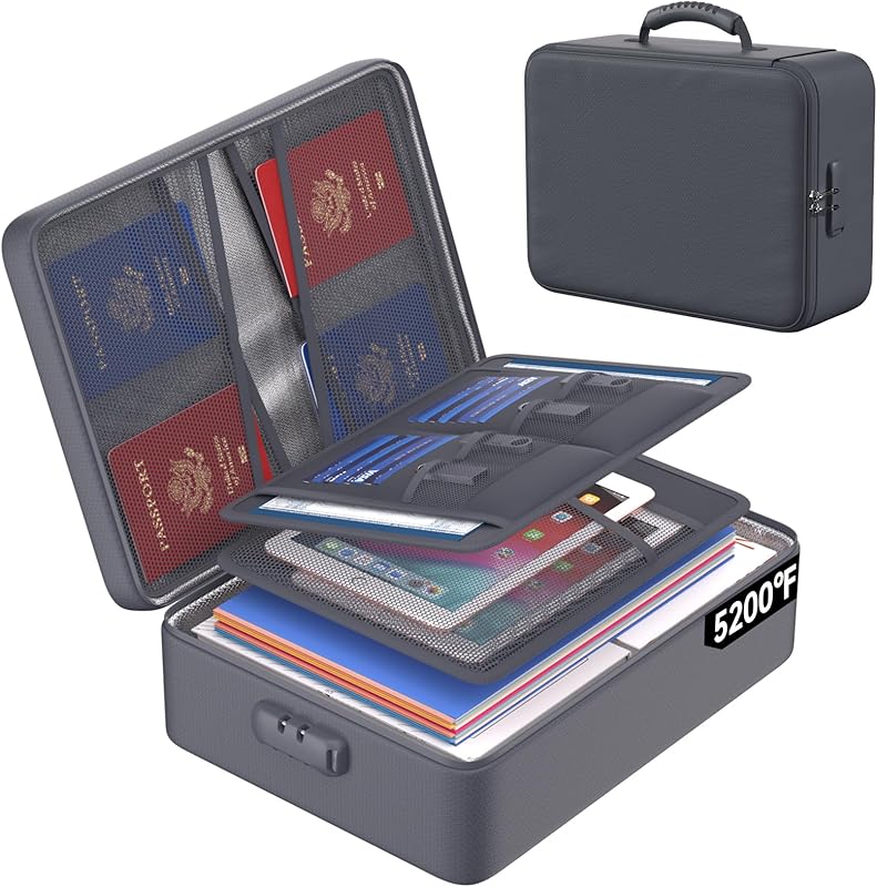 ENGPOW Fireproof Document Box, Hard Fireproof Box with Fireproof Zipper&Lock, 6400°F Heat Insulated Fireproof Water Resistant File Organizer Storage Box Safe for Important Documents,Valuable,Gray