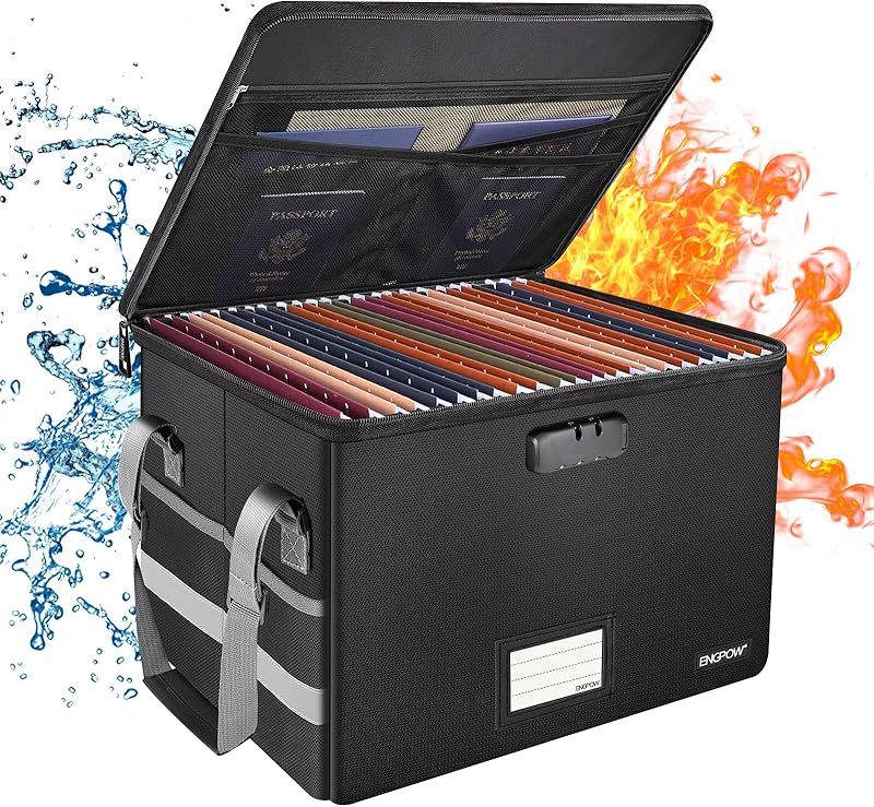 ENGPOW 5200°F File Box Fireproof Document Box with Lock,Heat Insulated Collapsible File Storage Organizer Box with Handle,Portable Home Office File Cabinet for Hanging Letter/Legal Size Folder,Black