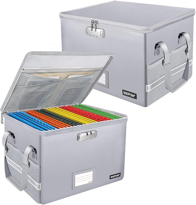 ENGPOW File Box with Lock,Fireproof Box File Storage Organizer Anti-Static Box,Collapsible Fireproof Document Box Filing Box with Handle,Portable Home Office Safe for Hanging Letter/Legal Folder