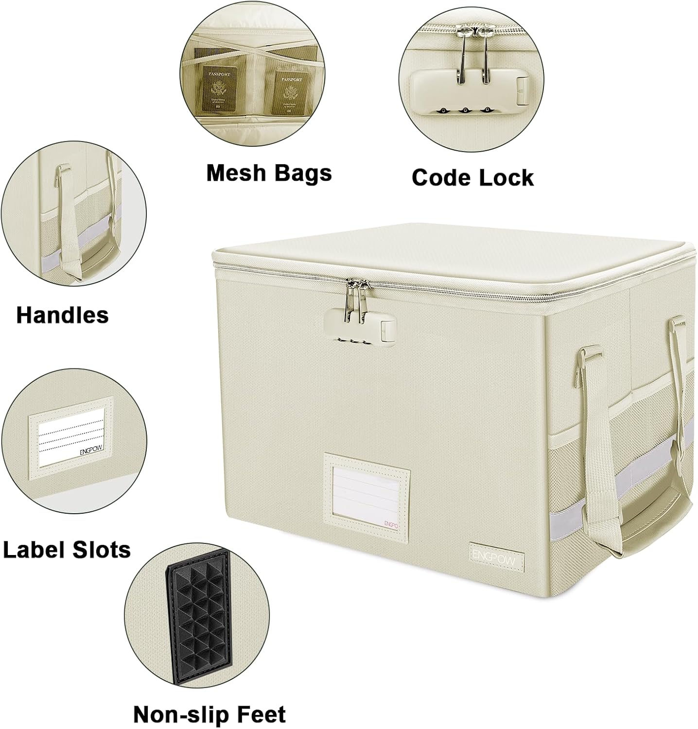 ENGPOW File Box with Lock,Fireproof Document Box with Pockets,Collapsible File Storage Organizer Box Filing Box with Handle,Portable Home Office Safe Box for Hanging Letter/Legal Folder,2 Pack(Beige)