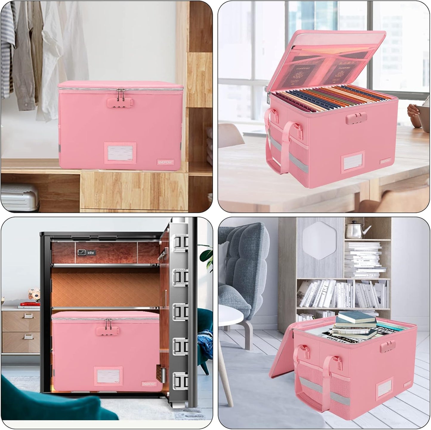 ENGPOW File Box with Lock, File Storage Organizer Box with Zipper Lid,Collapsible Fireproof Document Box Filing Box with Handle,Portable Home Office Safe Box for Hanging Letter/Legal Folder,Pink