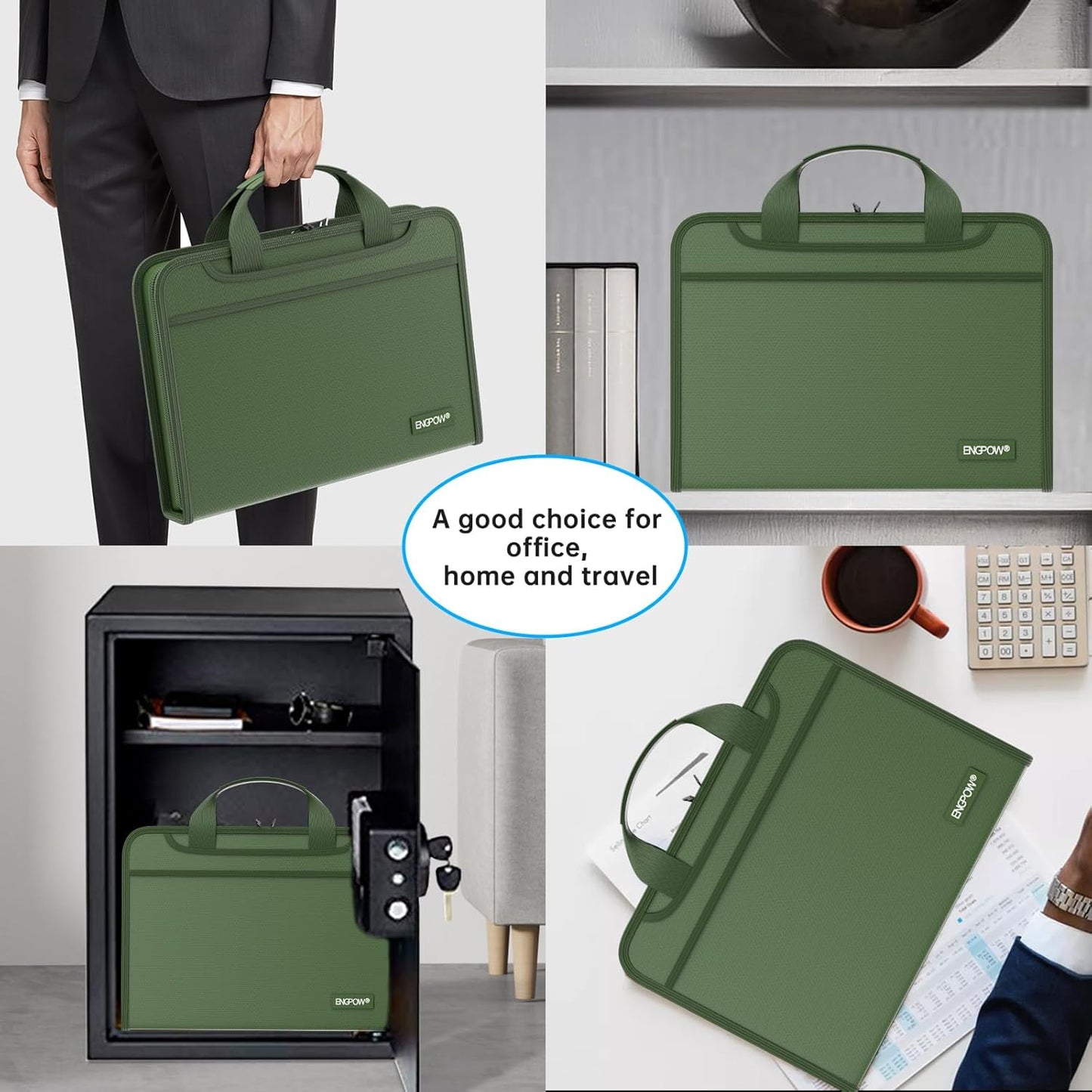 ENGPOW Accordion File Organizer,Fireproof Expanding File Folder with Multi Pockets,13 Pockets Document Organizer with Handle & Labels,Portable Home Travel Safe Storage for Letter A4 Files,Green