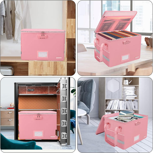 ENGPOW File Box with Lock, Fireproof Document Box with Inserts,Collapsible File Storage Organizer Box Filing Box with Handle,Portable Home Office Safe Box File Cabinet for Hanging Folder,2 Pack(Pink)
