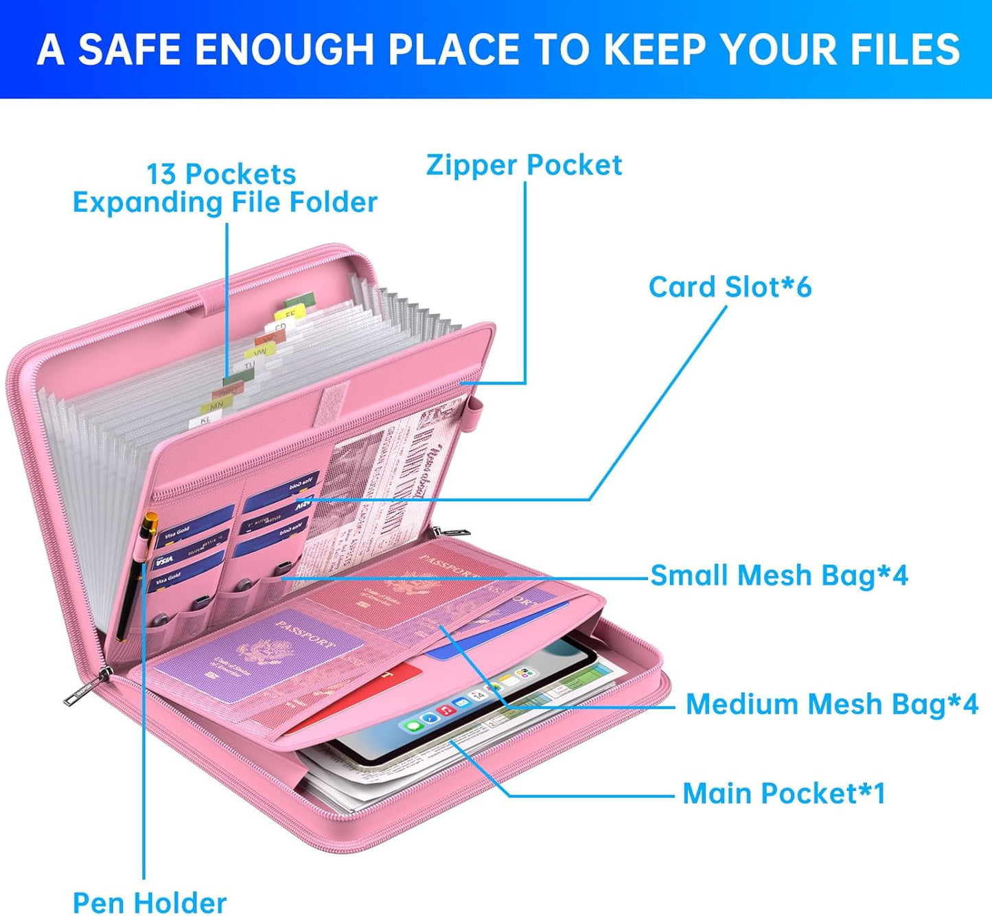 ENGPOW Accordion File Organizer,Fireproof Expanding File Folder with Multi Pockets,13 Pockets Document Organizer with Handle & Labels,Portable Home Travel Safe Storage Folder for Letter A4 Files,Pink