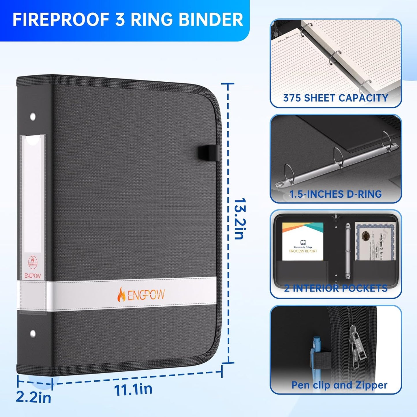ENGPOW 3 Ring Binder,Fireproof 1.5 Inch D Ring Binder with Zipper,Fireproof&Dust-Proof Binder with Reflective Strip,Holds 375 Sheets,Non-Stick,PVC-Free,Compatible with Clear Sheet Protectors,Black