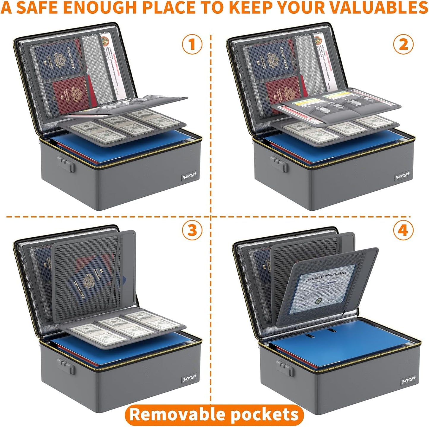 ENGPOW Fireproof Document Box, Hard Fireproof Box with Fireproof Zipper&Lock, 6400°F Heat Insulated Fireproof Water Resistant File Organizer Storage Box Safe for Important Documents,Valuable,Gray