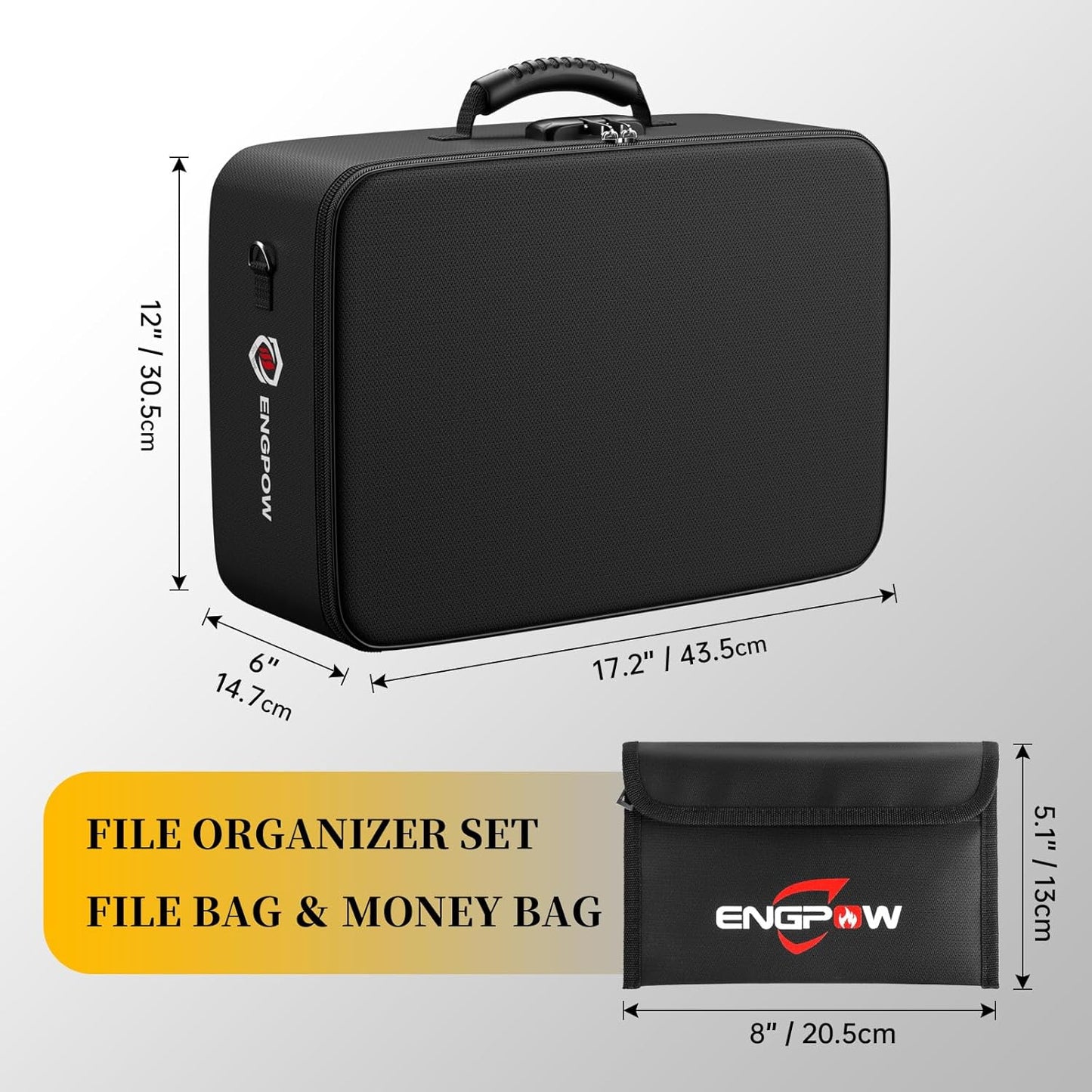 ENGPOW File Organizer Bags with Lock,Fireproof Document Bag(17.2"x12"x6") with 2 Small Fireproof Bags(8"x5.1"),Document Organizer Portable Travel Home Storage Safe for Legal/A4 Important Documents