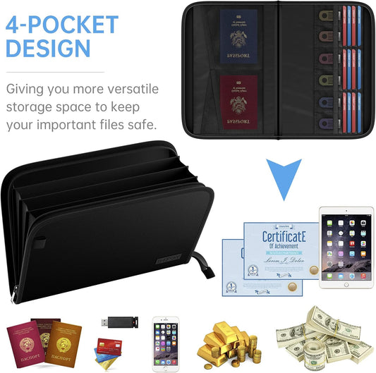 ENGPOW Expanding File Folder with Multi-Function Pockets,Fireproof File Organizer Accordion Document Organizer with Letter A4 Size Storage For Important Document,Money,Card,USB,Passport,4-Pocket,Black