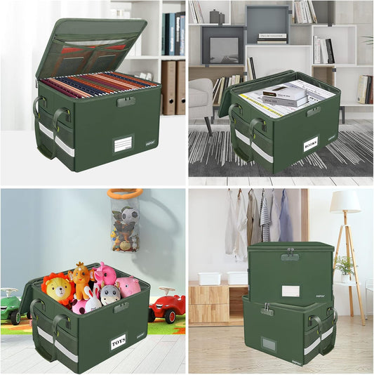 ENGPOW File Box with Lock,Fireproof Document Box with Pockets,Collapsible File Storage Organizer Filing Box with Handle,Portable Home Office File Cabinet Safe for Hanging Folders,2 Pack(Green)