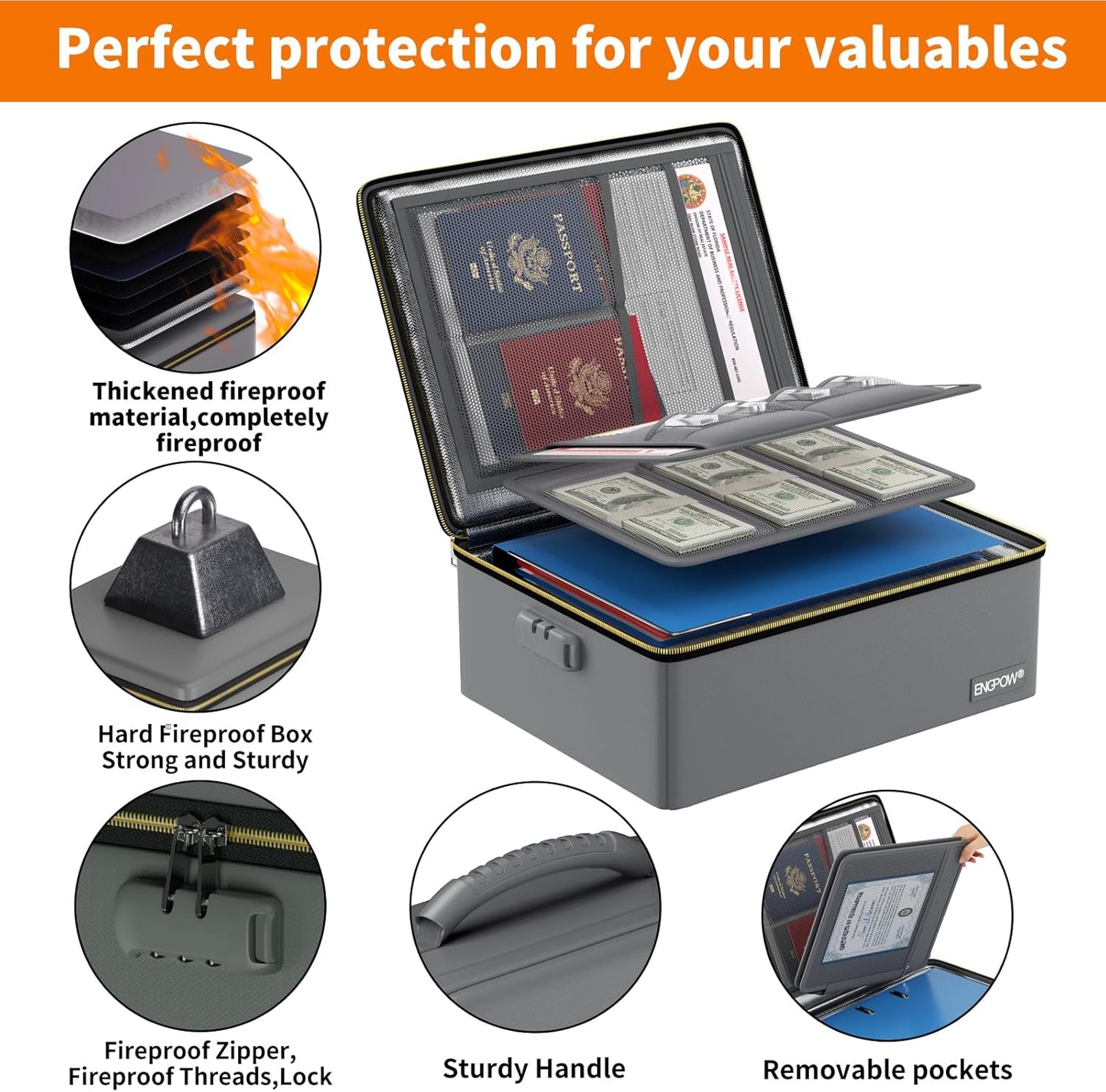 ENGPOW Fireproof Document Box, Hard Fireproof Box with Fireproof Zipper&Lock, 6400°F Heat Insulated Fireproof Water Resistant File Organizer Storage Box Safe for Important Documents,Valuable,Gray