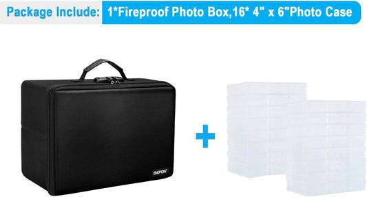 ENGPOW Fireproof Photo Storage Box with 16 Inner 4" x 6" Photo Case(Clear),Photo Box Organizer with Lock,Collapsible Portable Photo Storage Containers with Handle for Photos,Picture,Valuables