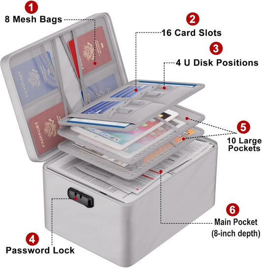 ENGPOW Large Document Organizer with Lock (15" x 11" x 8"), 4-Layer Fireproof & Water-Resistant Safe Bag File Organizer Storage for Important Documents, Certificates, Laptop, Passports, Silver