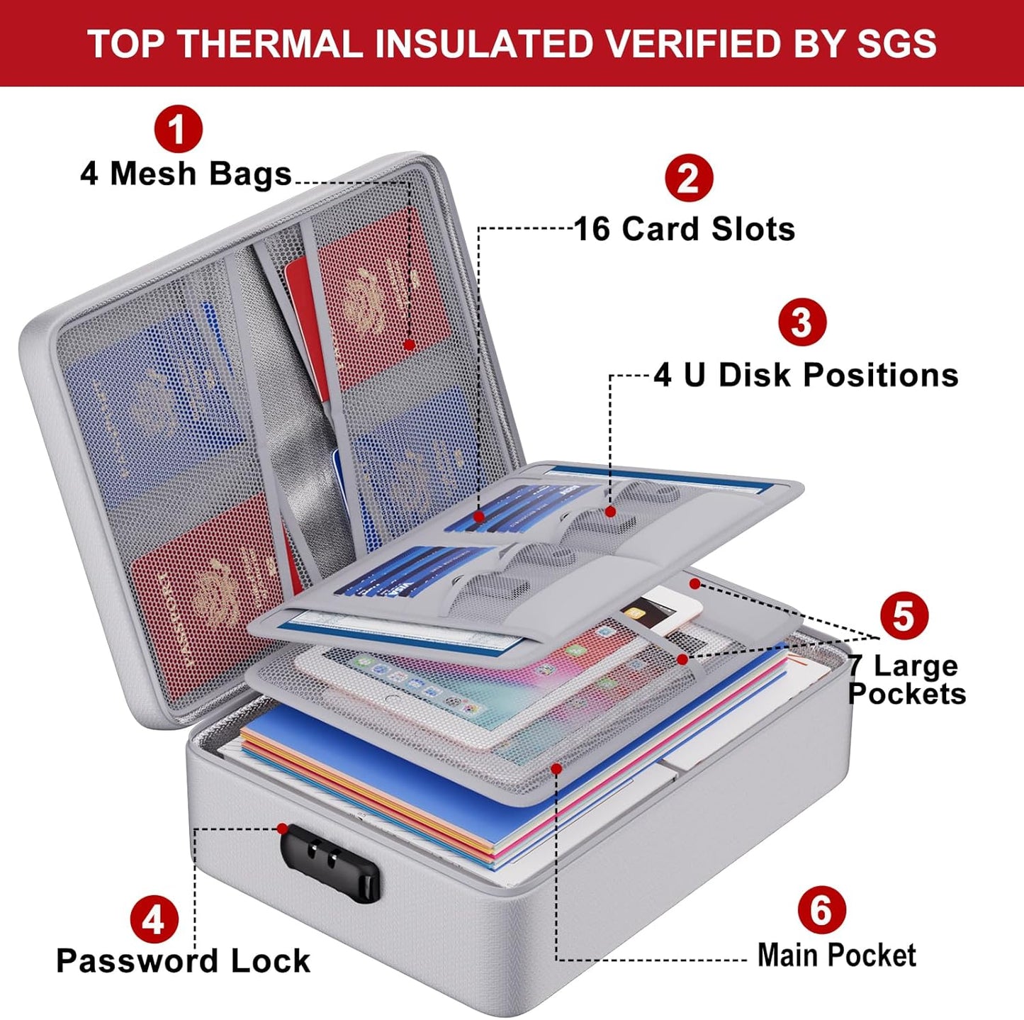 ENGPOW 5200°F Fireproof Document Bag with Lock, Upgraded Heat Insulated Fireproof&Waterproof Box 8 Layers Document Organizer, Portable Home Travel Safe Storage Box for Important Files, Laptop, Silver