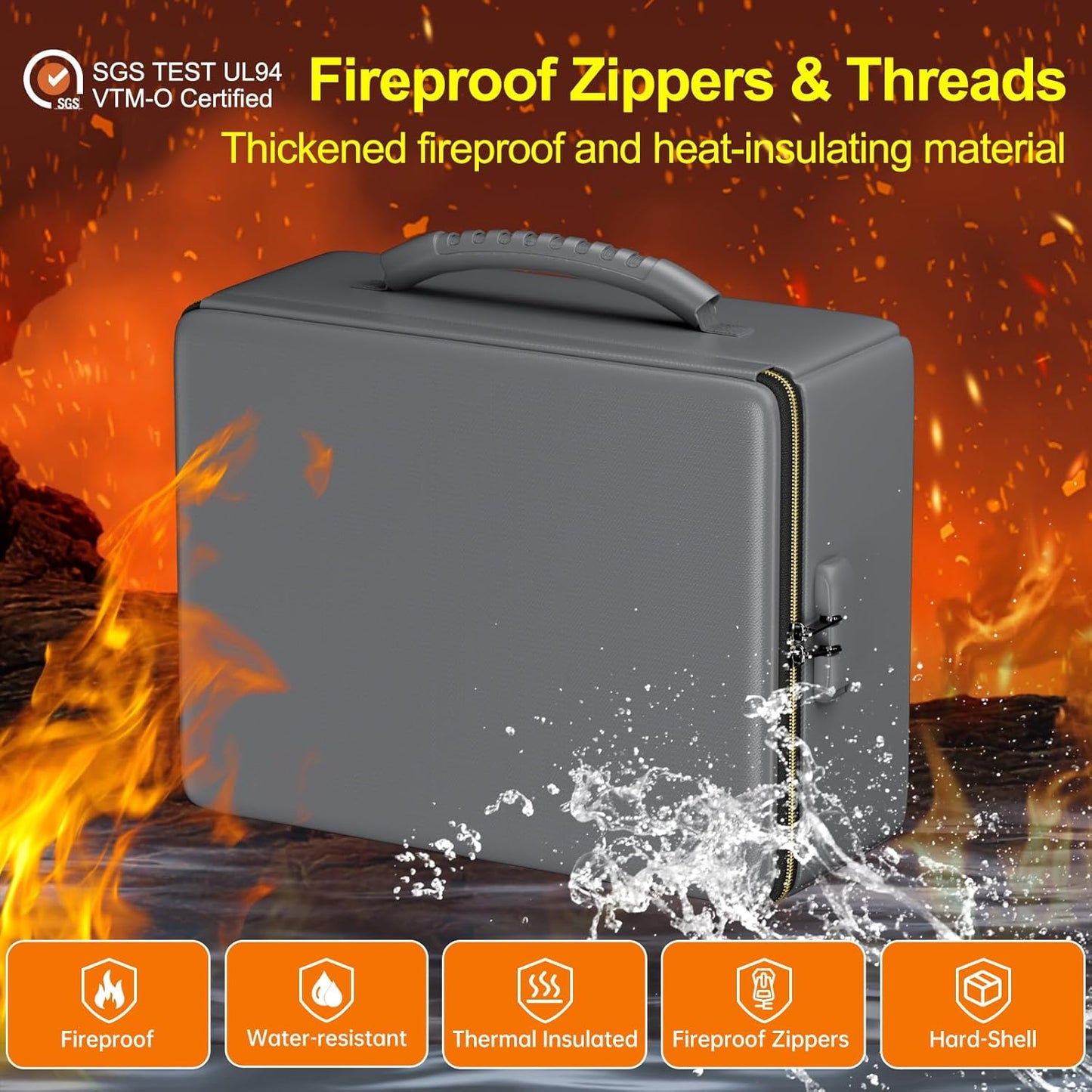 ENGPOW Fireproof Document Box, Hard Fireproof Box with Fireproof Zipper&Lock, 6400°F Heat Insulated Fireproof Water Resistant File Organizer Storage Box Safe for Important Documents,Valuable,Gray