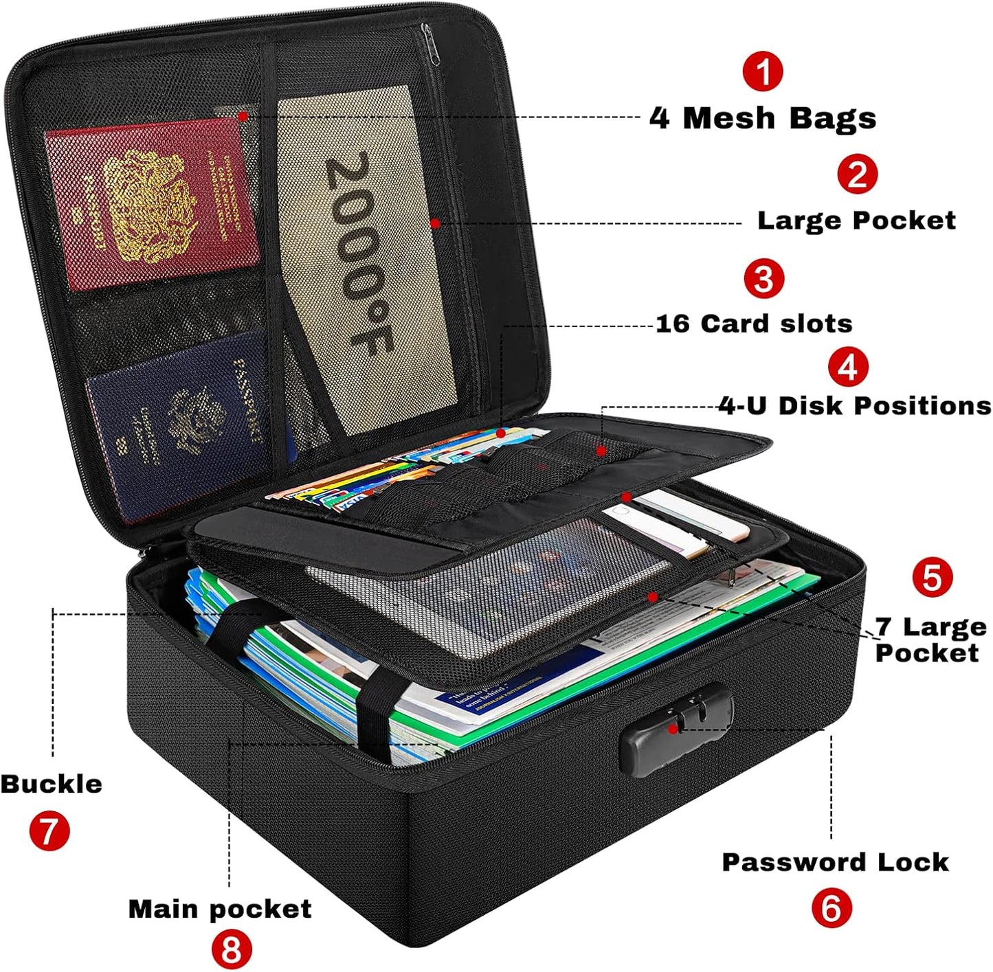 ENGPOW Fireproof Document Organizer Box with Lock,Collapsible Hard File Storage Box,Multi-Layer Waterproof Portable Travel Home Filing Storage Fireproof Safe for Important File,Cash,Letter/Legal Size