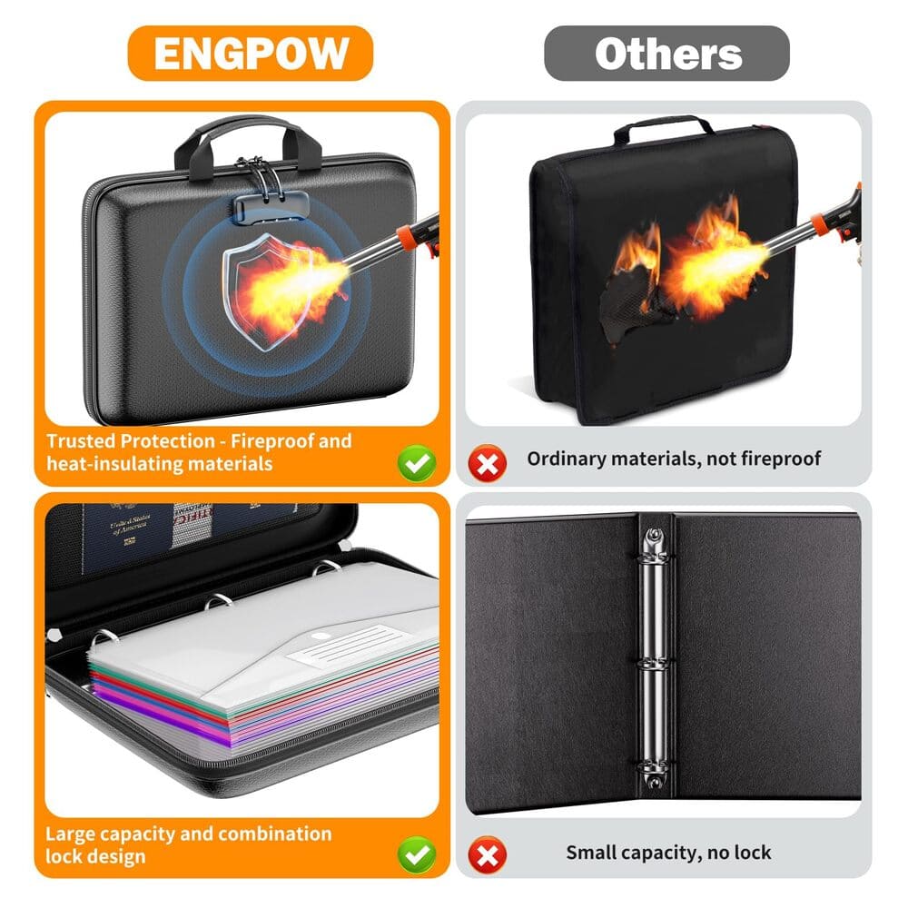 ENGPOW Fireproof Document Organizer Box with Lock & 24 Pack Binder Pockets