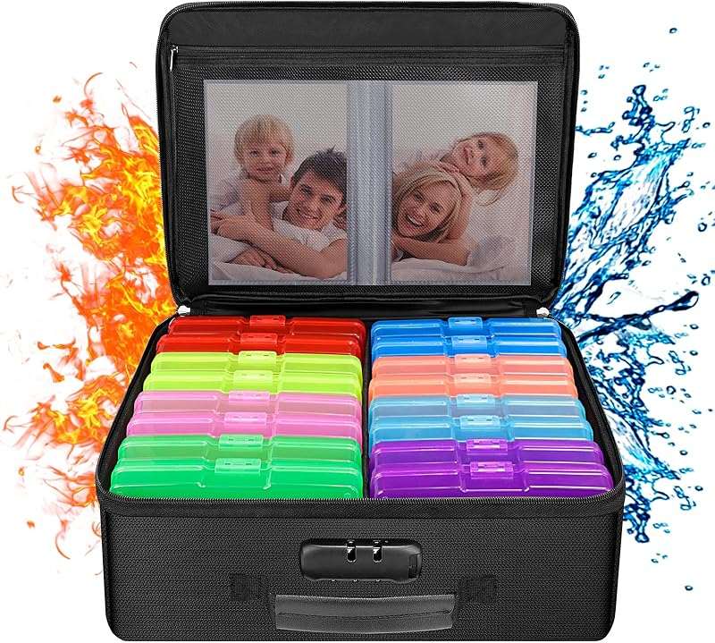 ENGPOW Fireproof Photo Storage Box with 16 Inner 4" x 6" Photo Case(Clear),Photo Box Organizer with Lock,Collapsible Portable Photo Storage Containers with Handle for Photos,Picture,Valuables