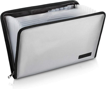 ENGPOW Fireproof Expanding File Folder with 13 Multicolored Pockets A4 Size Document Organizer with Color Labels Zipper Closure Non-Itchy Silicone Coated Portable Filing Pouch(14.3" x 9.8")