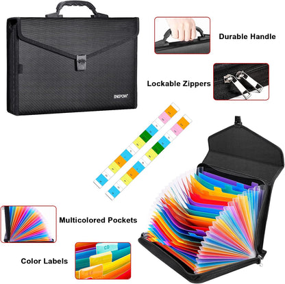 ENGPOW Accordian File Organizer Fireproof Expanding File Folder Filing Briefcase with 26 Multicolored Pockets,Durable Buckle,Portable Handle,Zipper Closure,A4 Letter Size for Travel,Home,Office
