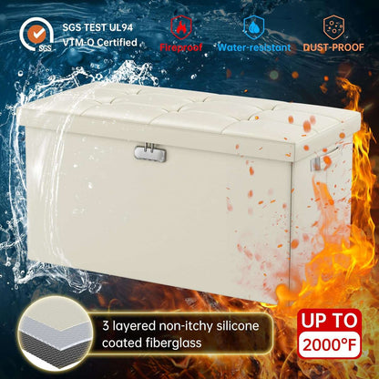 ENGPOW Storage Ottoman Bench,Fireproof Folding Storage Bench with Lock,30 Inches Fire＆Water Resistant Storage Chest Foot Rest Stool Leather Bedroom Bench with Storage Safe for Document,Valuables,Beige