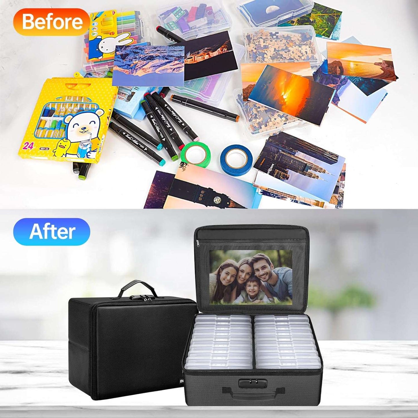 ENGPOW Photo Storage Box with 18 Inner 4" x 6" Photo Case(Clear),Fireproof Photo Organizer Box with Lock,Collapsible Portable Photo Storage Containers with Handles for Photos,Picture,Valuables