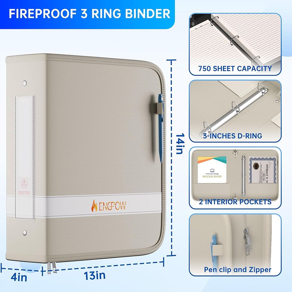 ENGPOW Fireproof Document Binder – Beige 3-Ring Zipper File Organizer