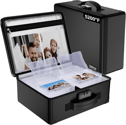 ENGPOW Fireproof 5200°F Photo Storage Box with 16 Inner 4" x 6" Photo Case(Clear), Photo Organizer with Lock, Portable Acid-Free Photo Keeper Safe Storage with Handles for Home, Office, Travel