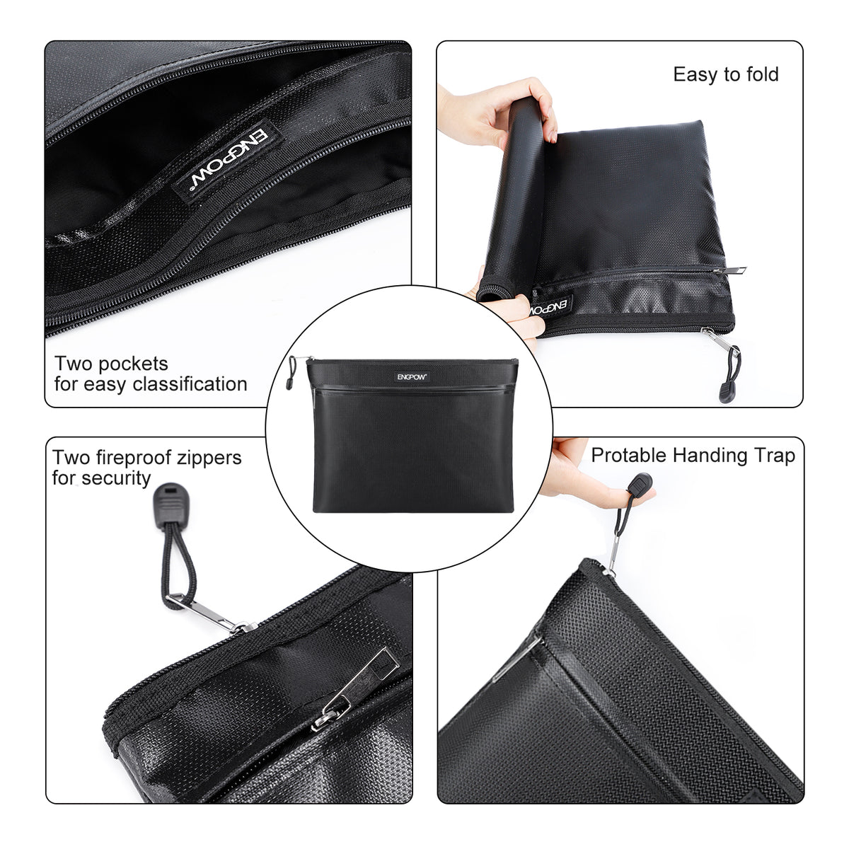 ENGPOW 2000°F Fireproof Money & Document Bag: Double Zipper Pouch (Black)