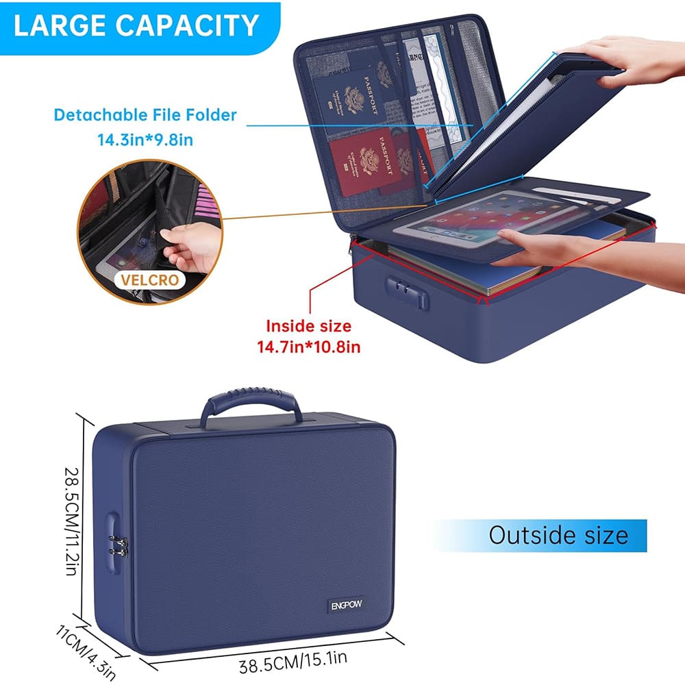 ENGPOW 5200°F Fireproof Document Bag with Lock: 13-Pocket File Safe (Blue)