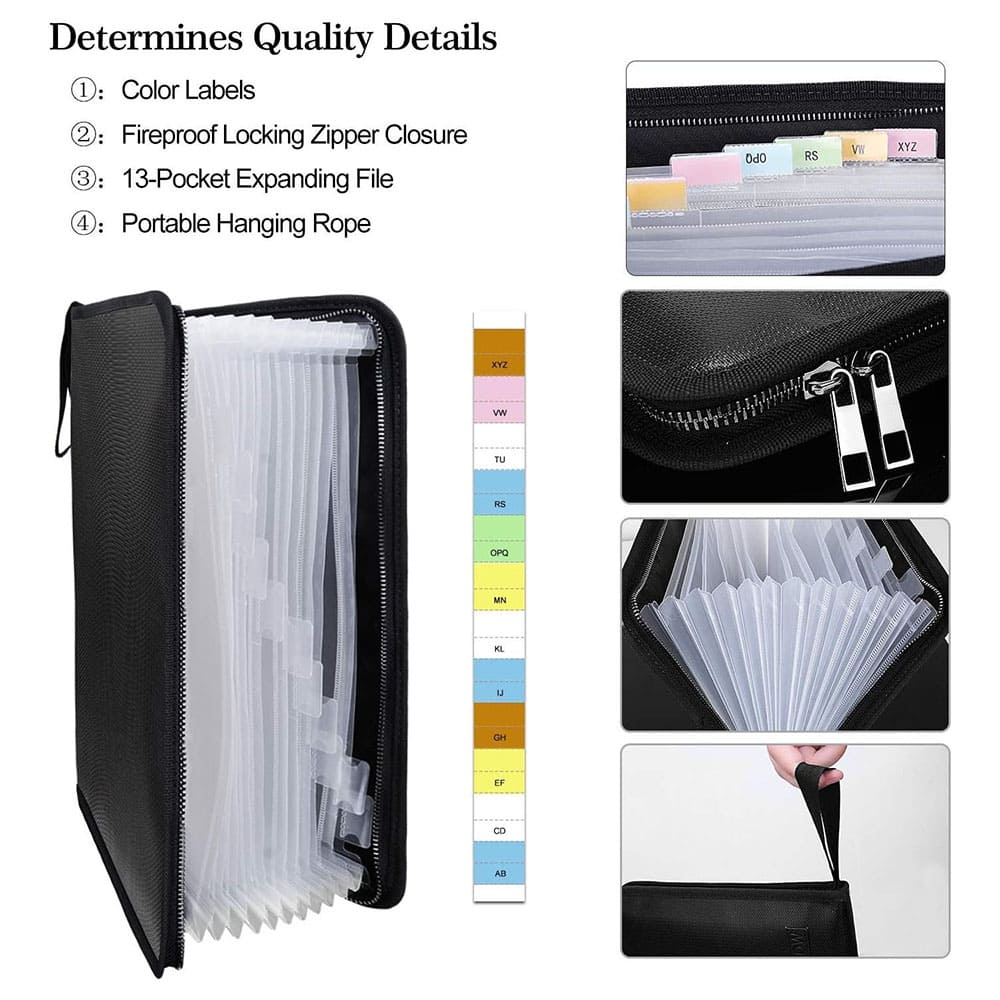 ENGPOW Fireproof Document Bag & File Organizer - Black (13 Pockets)