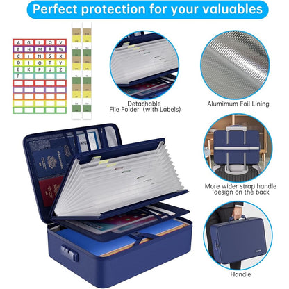 ENGPOW 5200°F Fireproof Document Bag with Lock: 13-Pocket File Safe (Blue)