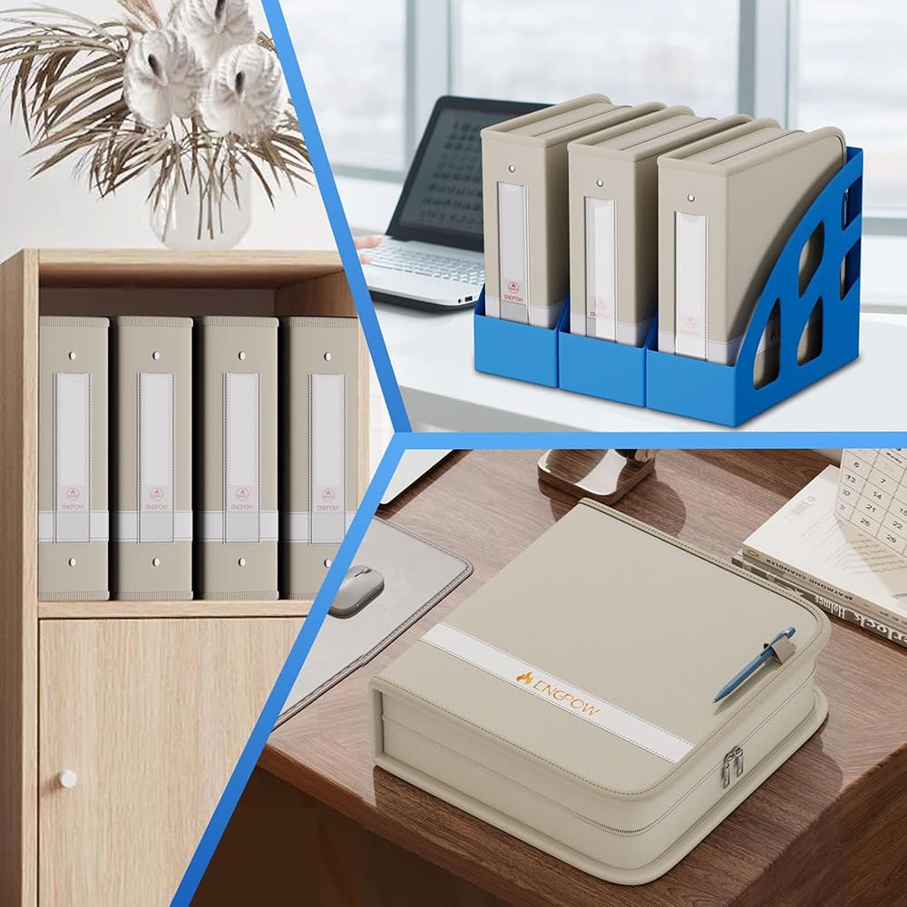ENGPOW Fireproof Document Binder – Beige 3-Ring Zipper File Organizer