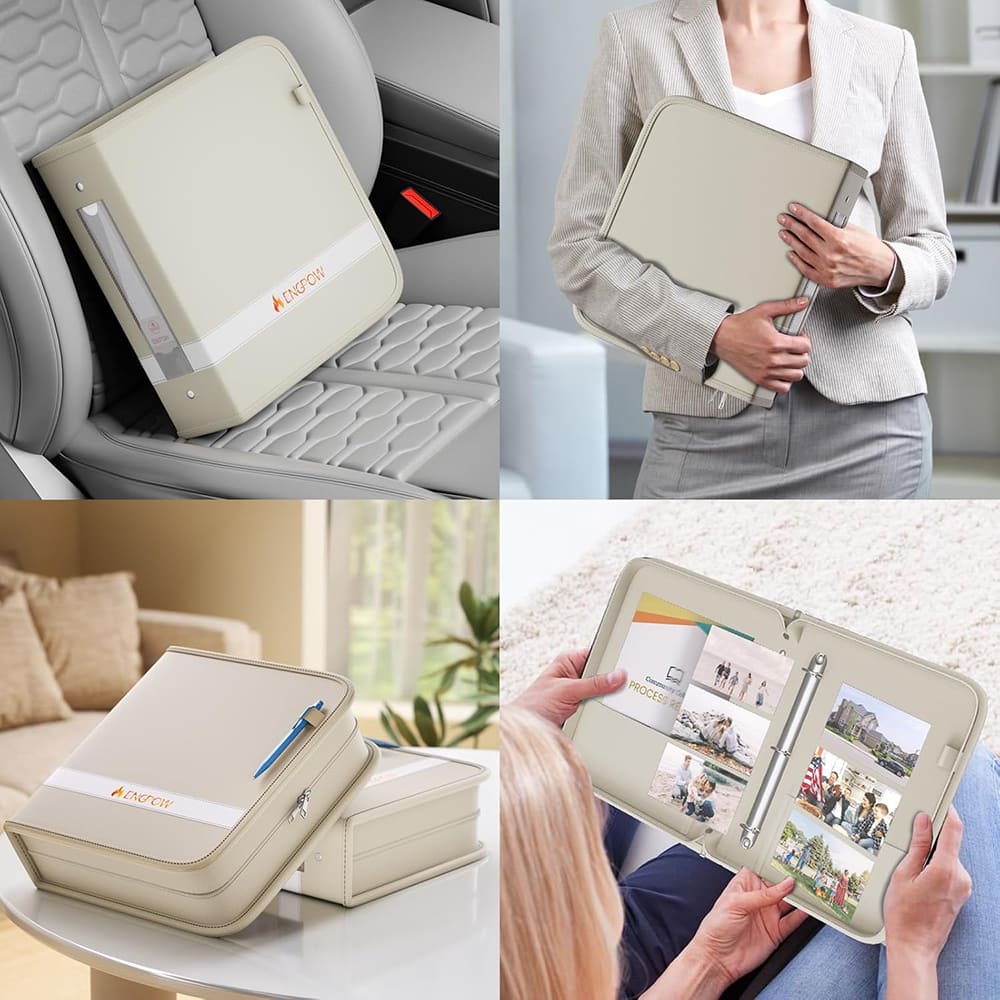 ENGPOW Fireproof Document Binder – Beige 3-Ring Zipper File Organizer