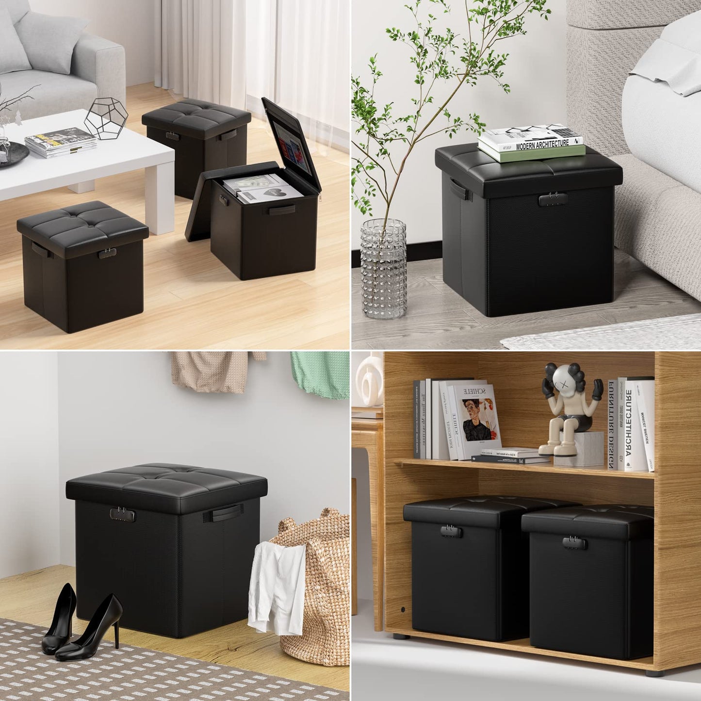 ENGPOW Storage Bench, Fireproof Folding Storage Bench with Lock, 76.2cm Fireproof and Waterproof Storage Chest Footstool Leather Bedroom Bench, Can Store Documents, Valuables, Black