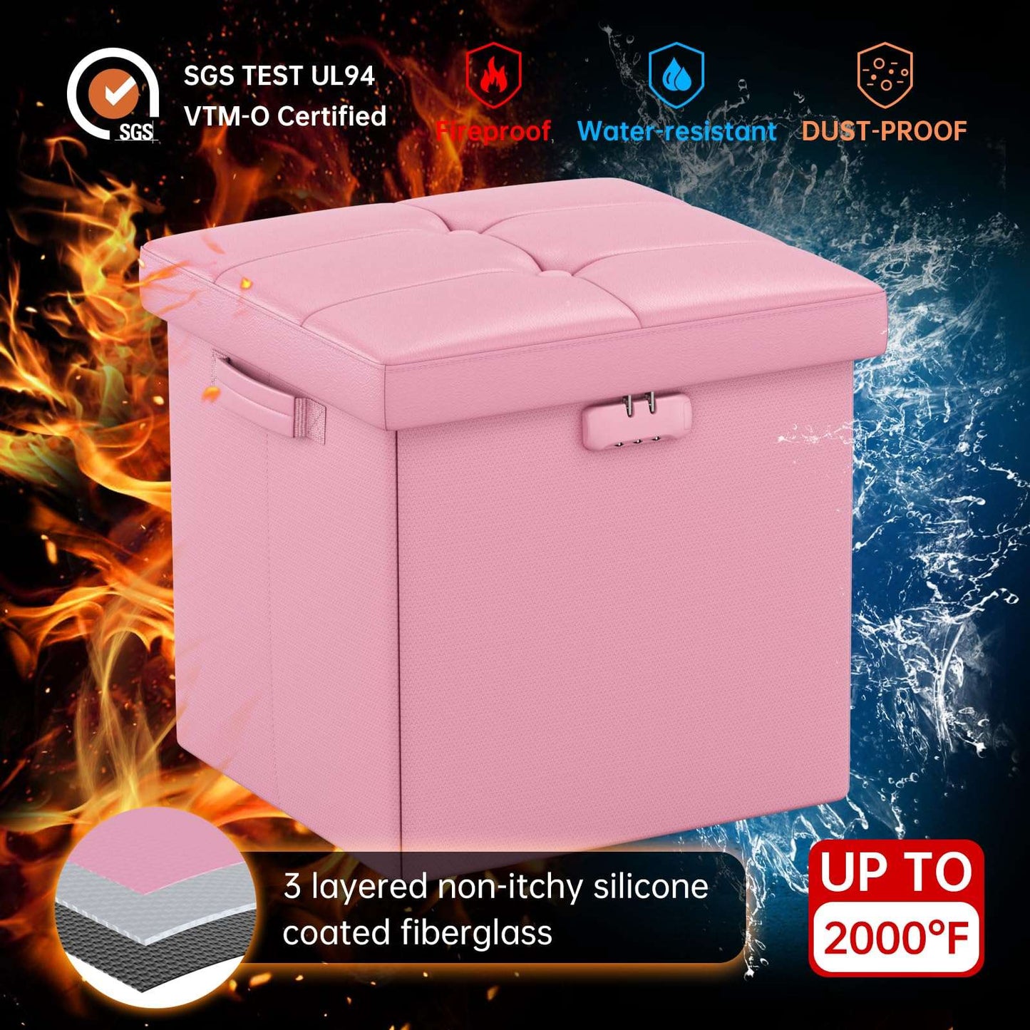 ENGPOW Storage Bench, Fireproof Folding Storage Bench with Lock, 76.2cm Fireproof and Waterproof Storage Chest Footstool Leather Bedroom Bench, Can Store Documents, Valuables, Black