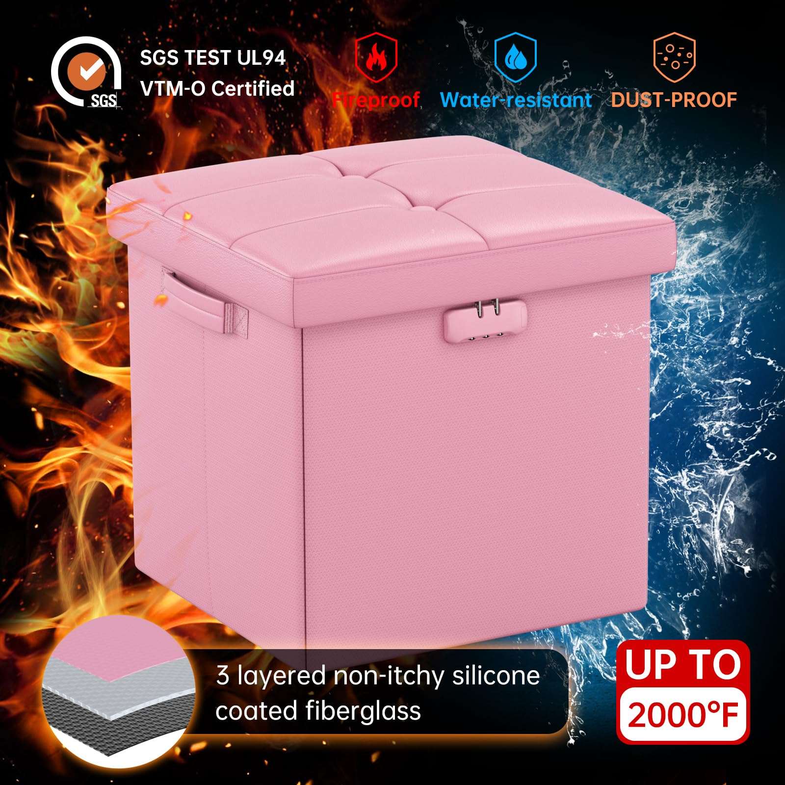 ENGPOW Storage Bench, Fireproof Folding Storage Bench with Lock, 76.2cm Fireproof and Waterproof Storage Chest Footstool Leather Bedroom Bench, Can Store Documents, Valuables, Black