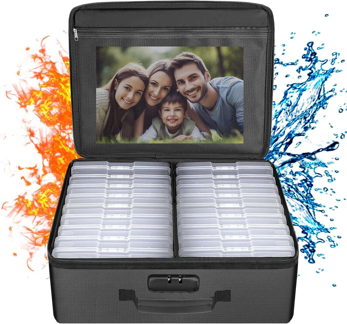 ENGPOW Photo Storage Box with 18 Inner 4" x 6" Photo Case(Clear),Fireproof Photo Organizer Box with Lock,Collapsible Portable Photo Storage Containers with Handles for Photos,Picture,Valuables