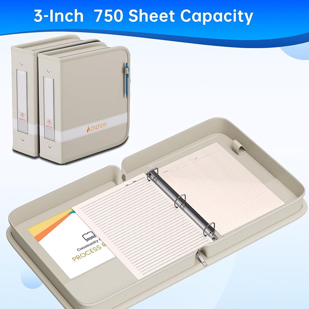 ENGPOW Fireproof Document Binder – Beige 3-Ring Zipper File Organizer