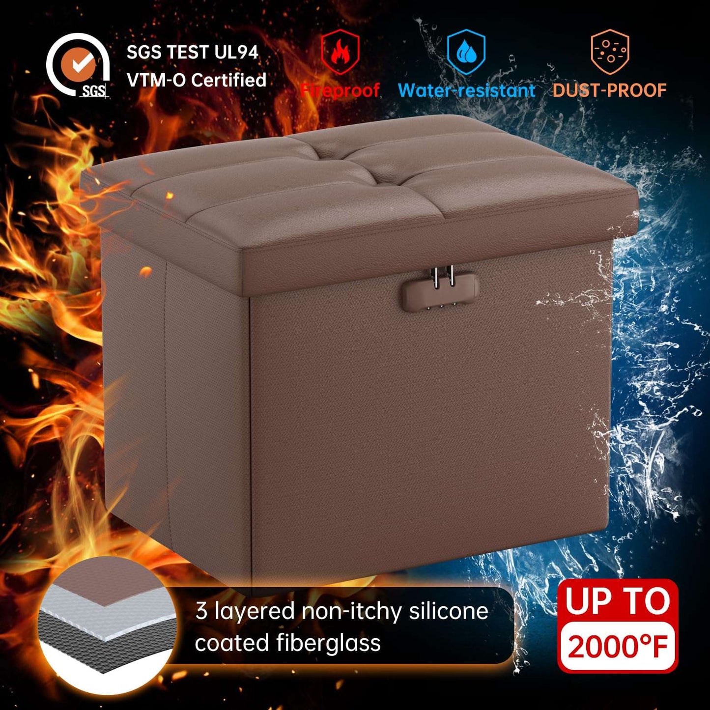 ENGPOW Storage Bench, Fireproof Folding Storage Bench with Lock, 76.2cm Fireproof and Waterproof Storage Chest Footstool Leather Bedroom Bench, Can Store Documents, Valuables, Black