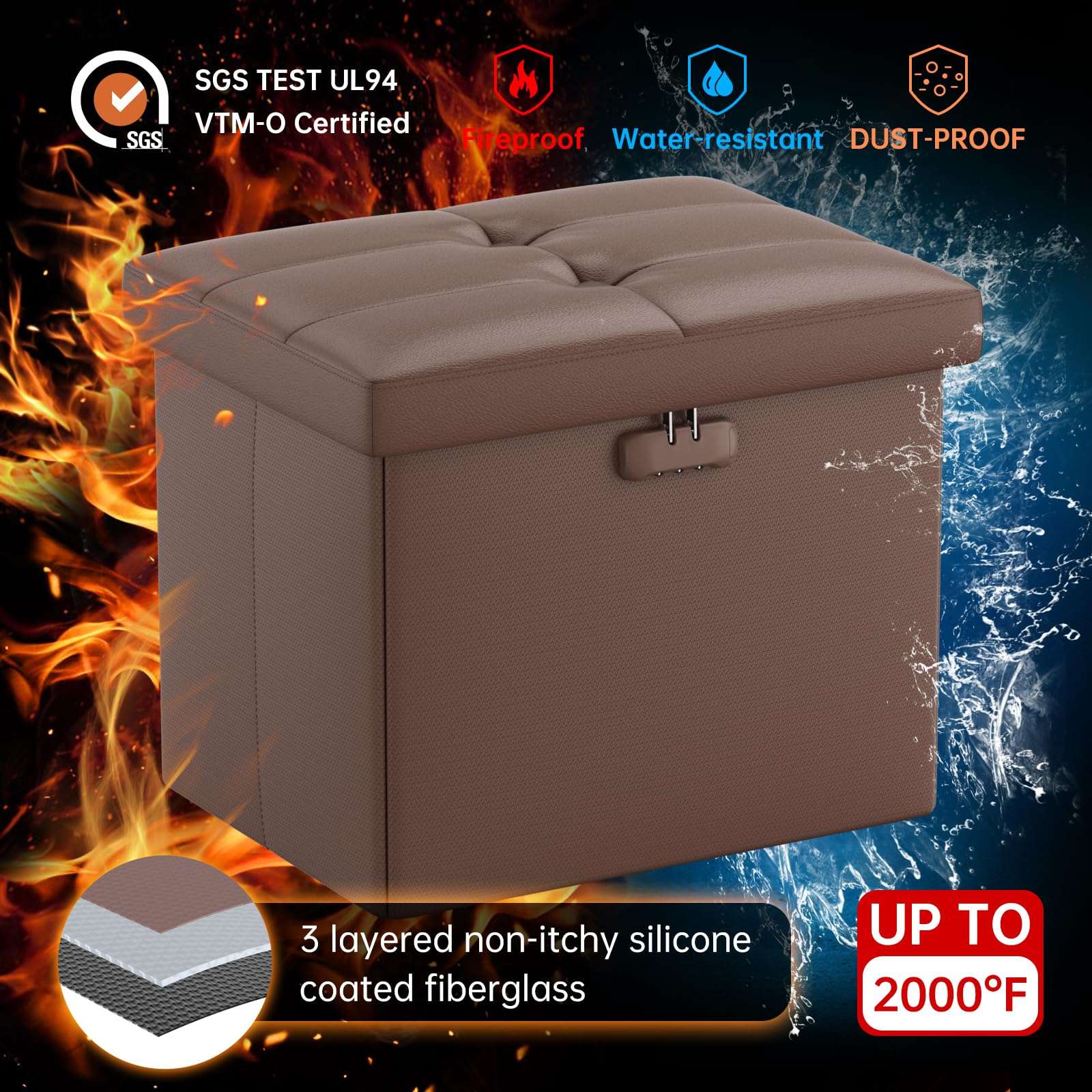 ENGPOW Storage Bench, Fireproof Folding Storage Bench with Lock, 76.2cm Fireproof and Waterproof Storage Chest Footstool Leather Bedroom Bench, Can Store Documents, Valuables, Black