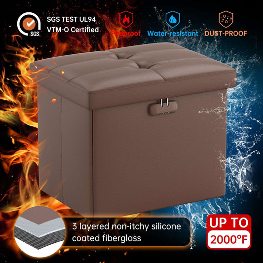 ENGPOW Storage Bench, Fireproof Folding Storage Bench with Lock, 76.2cm Fireproof and Waterproof Storage Chest Footstool Leather Bedroom Bench, Can Store Documents, Valuables, Black