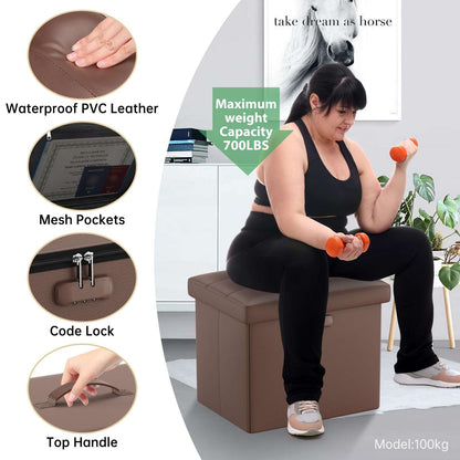 ENGPOW Storage Bench, Fireproof Folding Storage Bench with Lock, 76.2cm Fireproof and Waterproof Storage Chest Footstool Leather Bedroom Bench, Can Store Documents, Valuables, Black