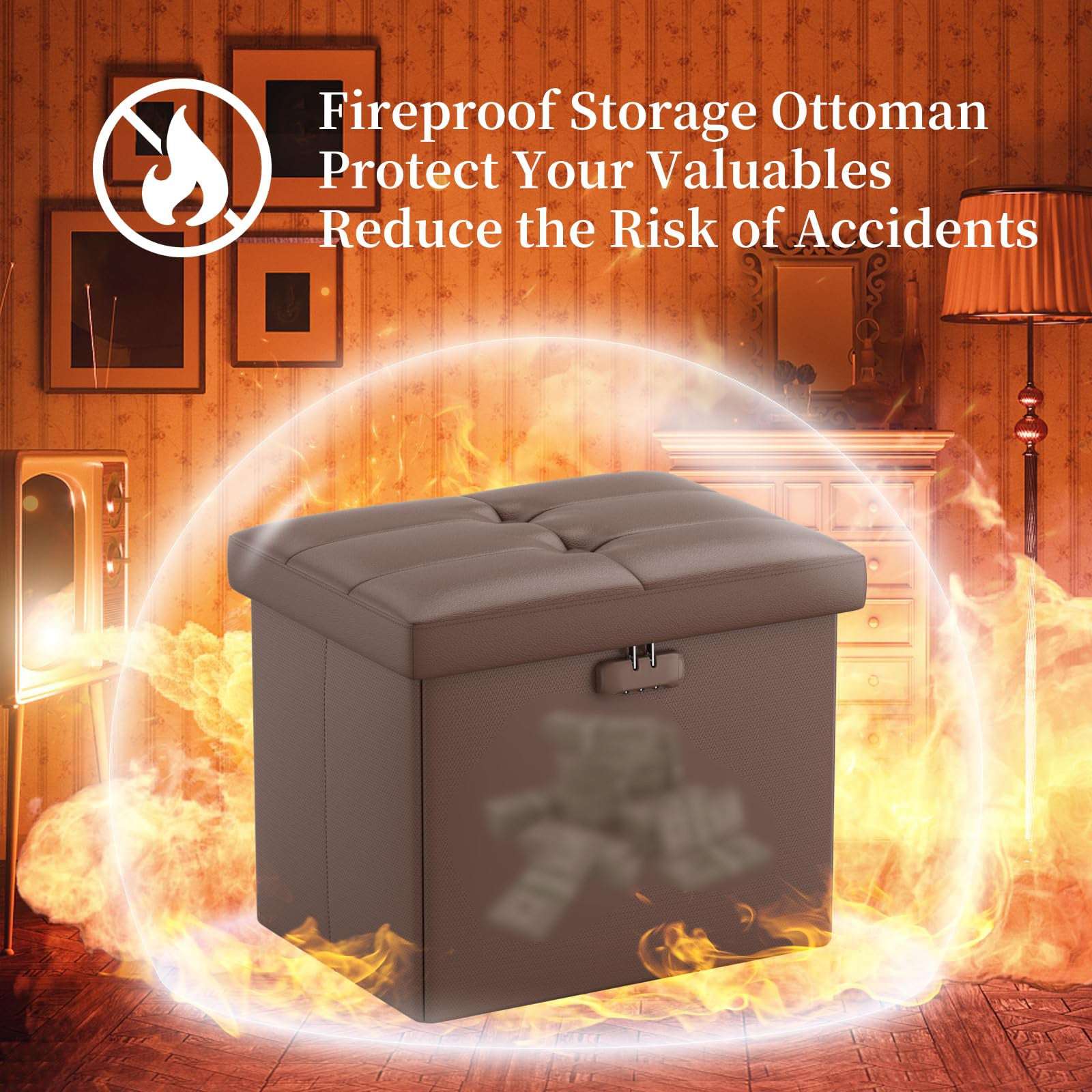 ENGPOW Storage Bench, Fireproof Folding Storage Bench with Lock, 76.2cm Fireproof and Waterproof Storage Chest Footstool Leather Bedroom Bench, Can Store Documents, Valuables, Black