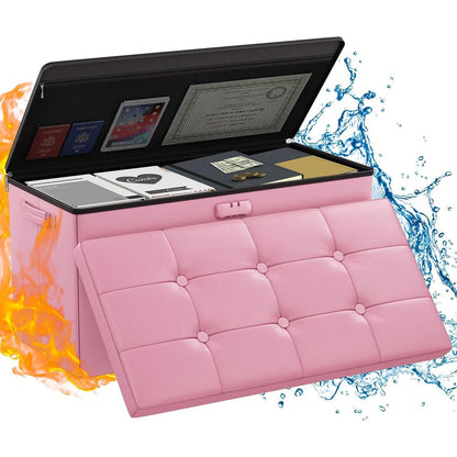 ENGPOW Fireproof Storage Bench with Lock – Folding Fireproof Footstool & Chest for Documents & Valuables, Pink