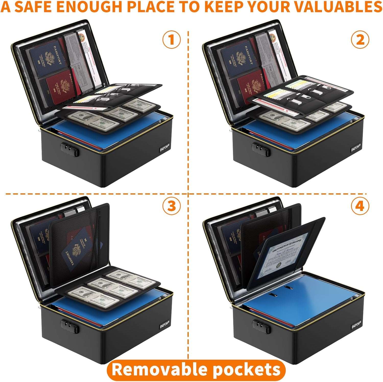 ENGPOW Fireproof Document Box,Hard Fireproof Box with Fireproof Zipper＆Lock,Fireproof Water Resistant Box File Organizer Storage Box Portable Safe for Important Documents,Files,Laptop,Valuable,Black