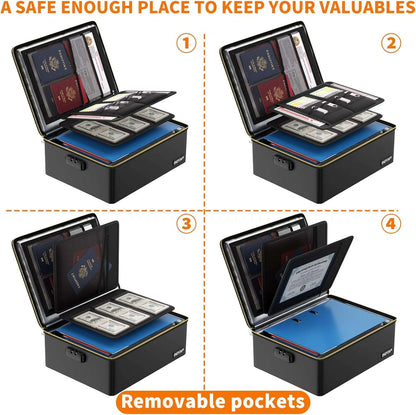 ENGPOW Fireproof Document Box,Hard Fireproof Box with Fireproof Zipper＆Lock,Fireproof Water Resistant Box File Organizer Storage Box Portable Safe for Important Documents,Files,Laptop,Valuable,Black