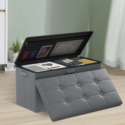 Gray Fireproof Storage Ottoman Bench Folding Bench with Lock